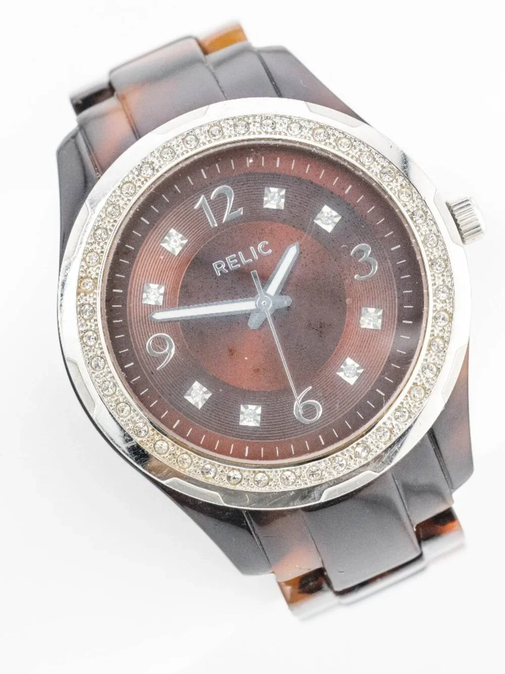 RELIC ZR11893 Tortoise Shell Crystal Quartz Analog Women's Watch New Battery
